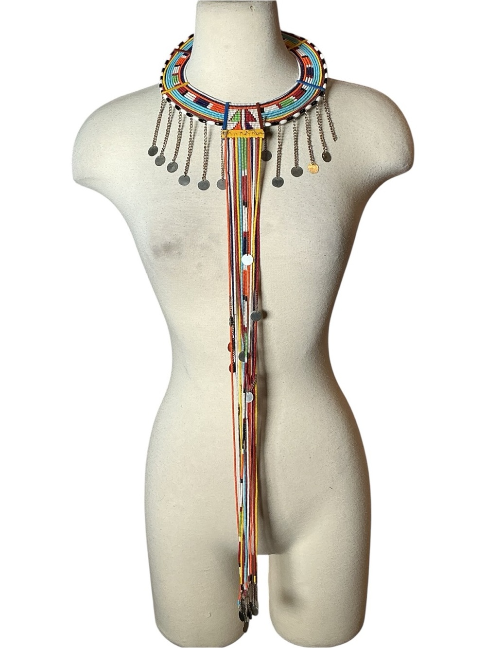 Vintage African Beaded Long Fringe Collar Necklace
